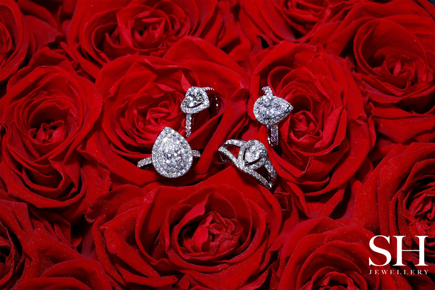 Modern Pear Shape halo ring with pave set double band - W0402