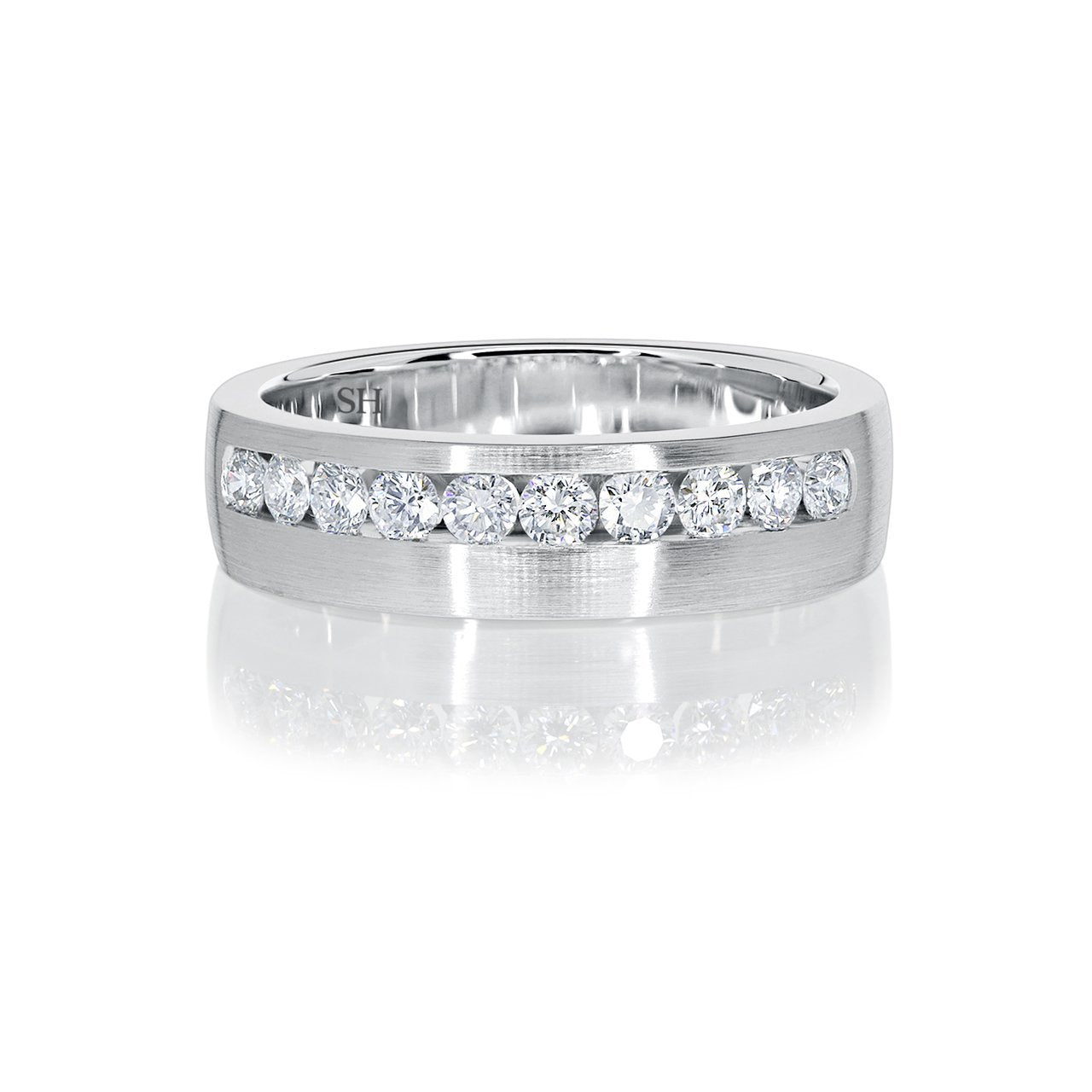Men's satin finish wedding band with offset channel of diamonds (6.2mm) - W0278