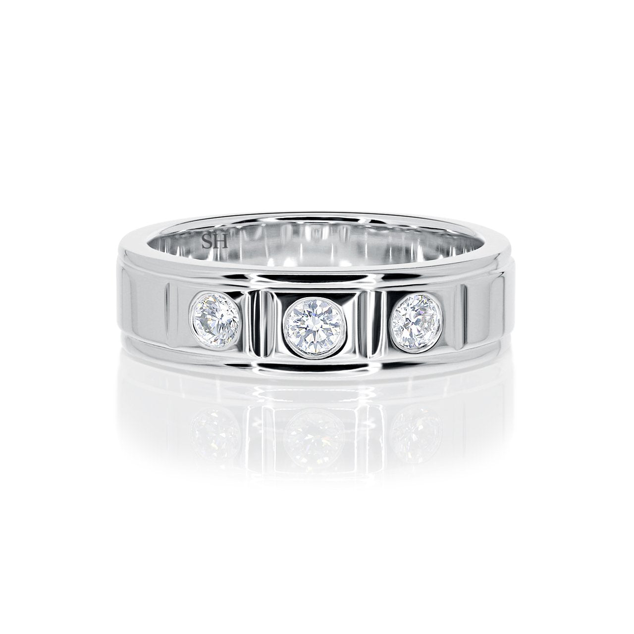 Men's polished finish three stone diamond wedding band (6.5mm) (WG) - W0279