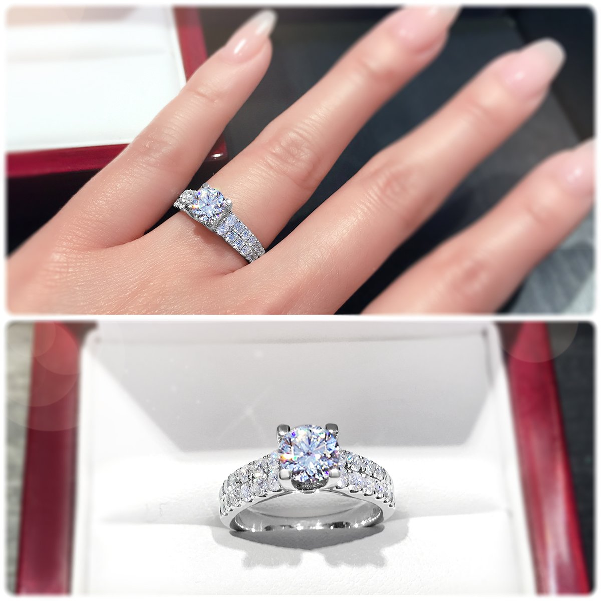 4-Claw engagement ring with tapered two row pavé set band - W0059