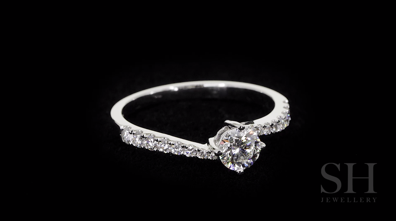 Modern 4-Claw engagement ring with offset diamond band - W0027