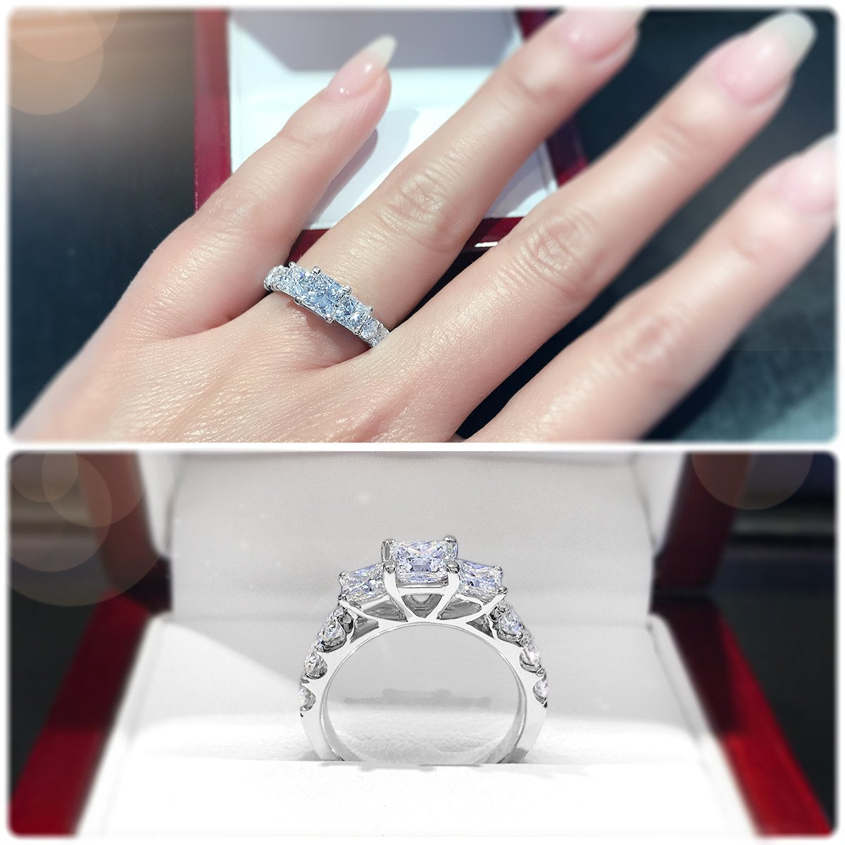 Modern Princess Cut trilogy ring with claw set band - W0033