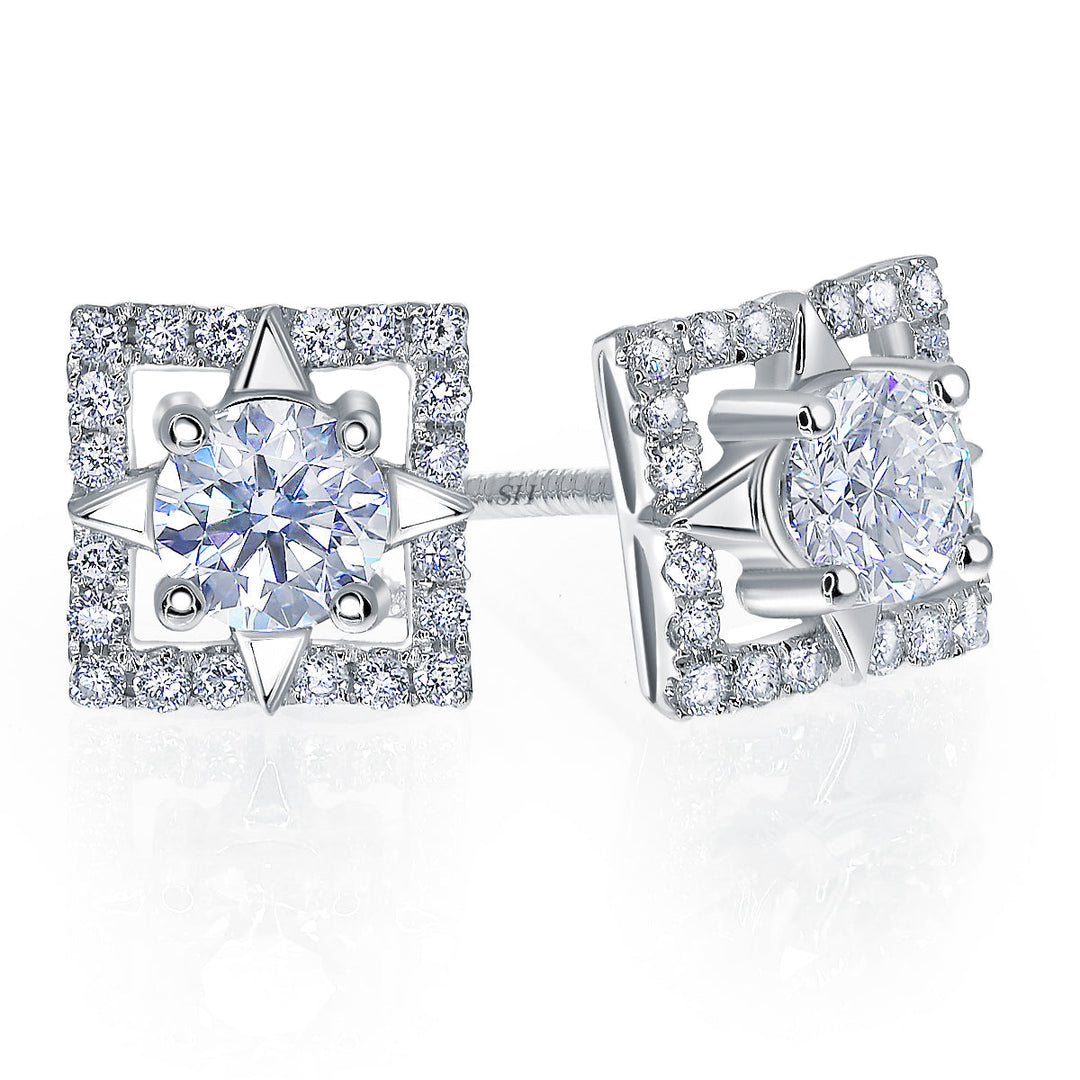 Four-Point Star Square Halo Diamond Earrings - W0633