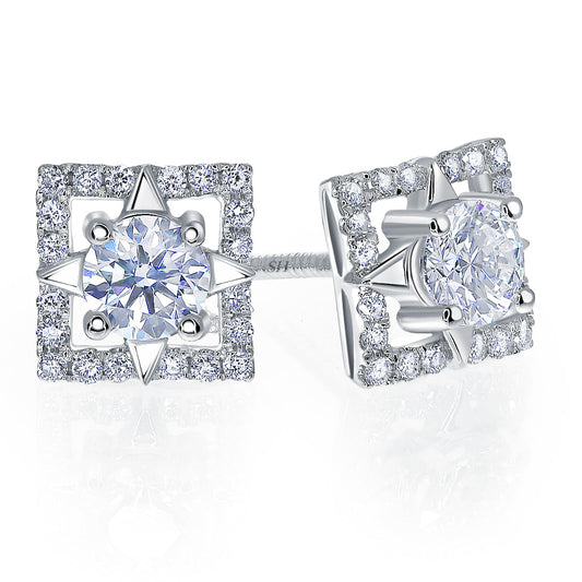 Four-Point Star Square Halo Diamond Earrings - W0633