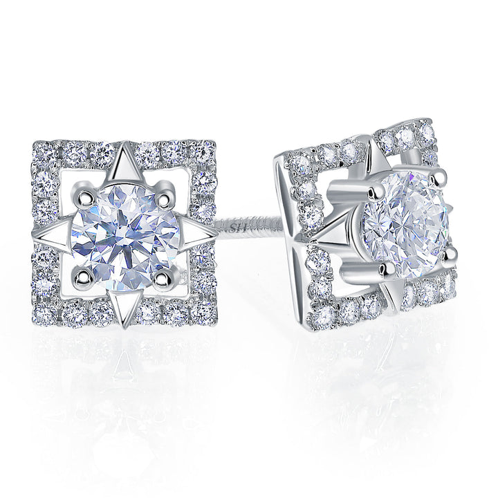 Four-Point Star Square Halo Diamond Earrings - W0633