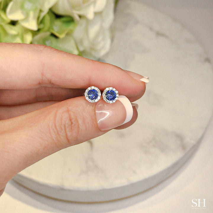 Classic Round Halo Sapphire Earrings