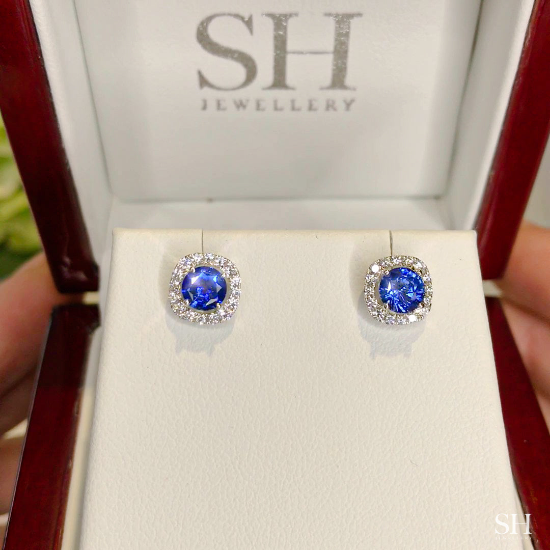 Cushion-shaped Halo Sapphire and Diamond Earrings