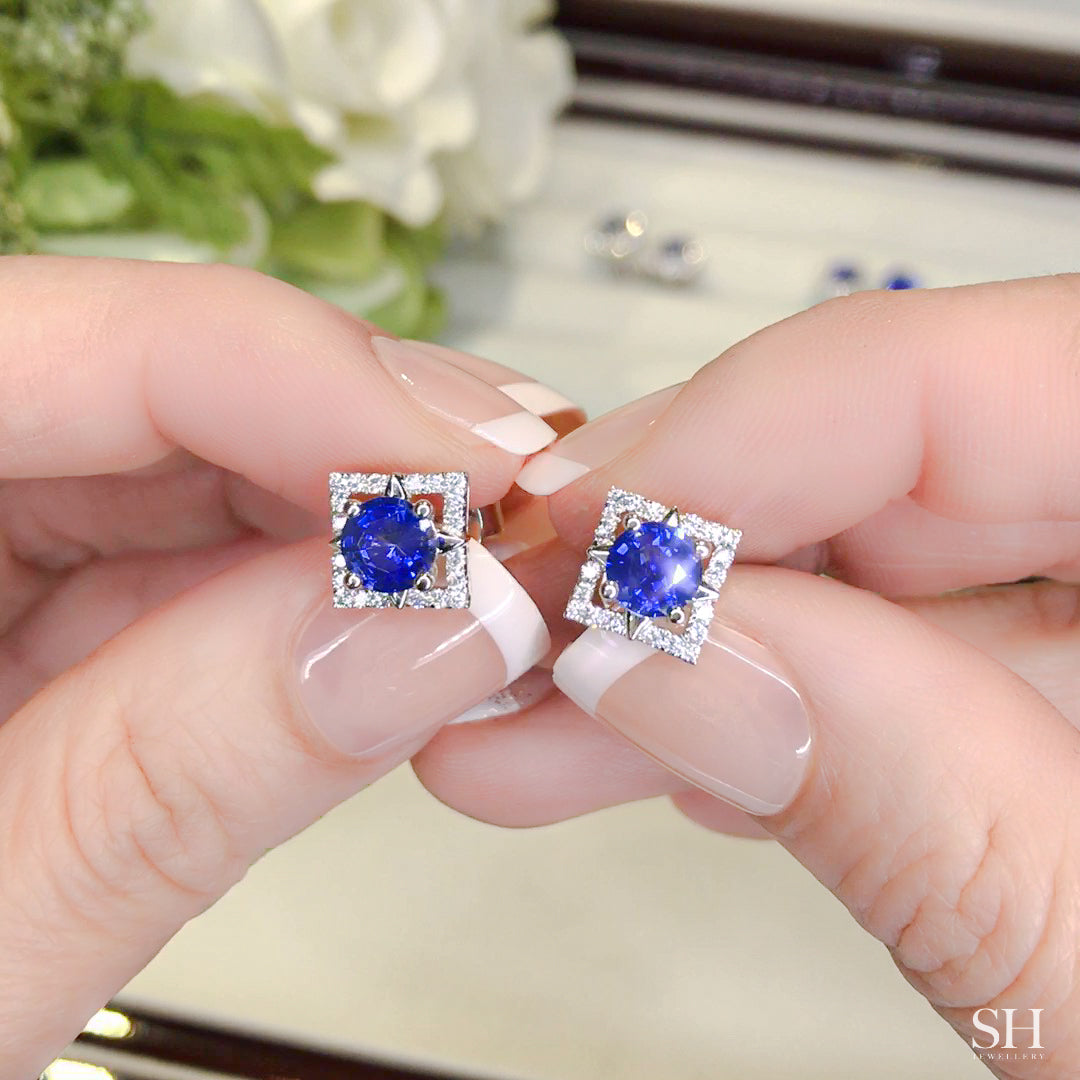 Elegant Square Sapphire Halo Diamond stud earrings