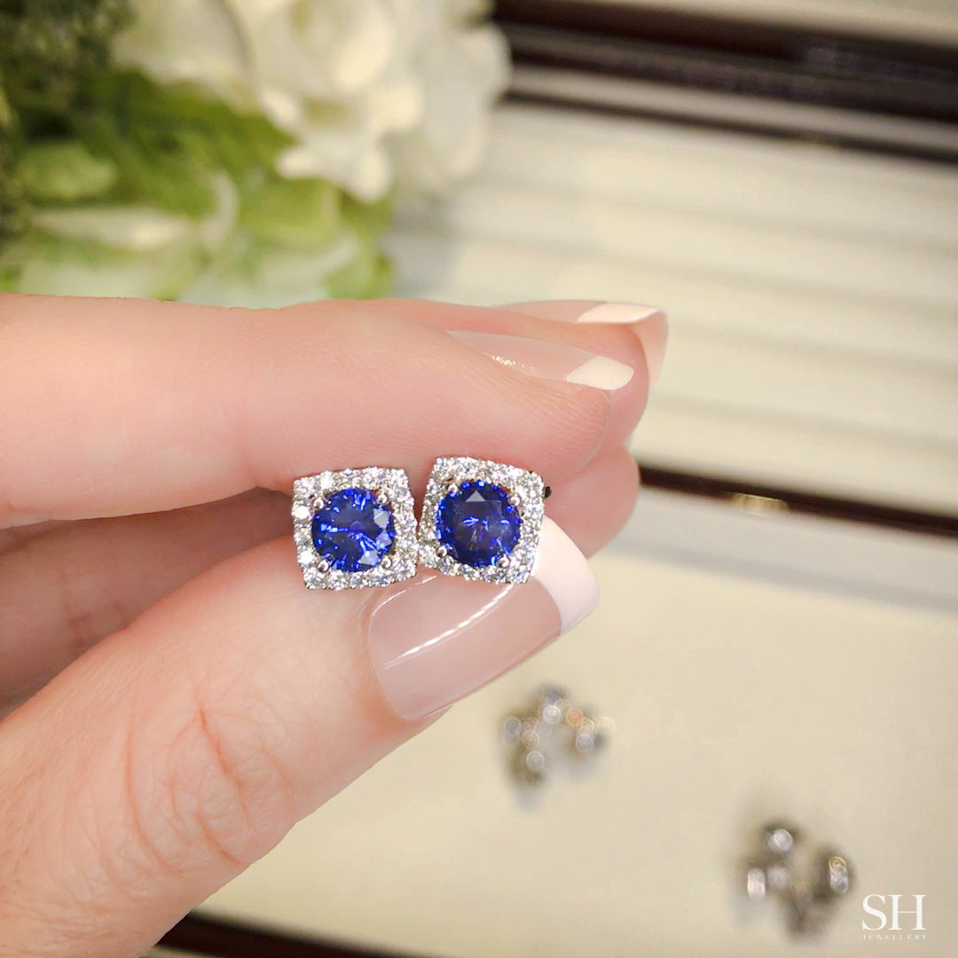 Square Halo Sapphire and Diamond Earrings - W0852