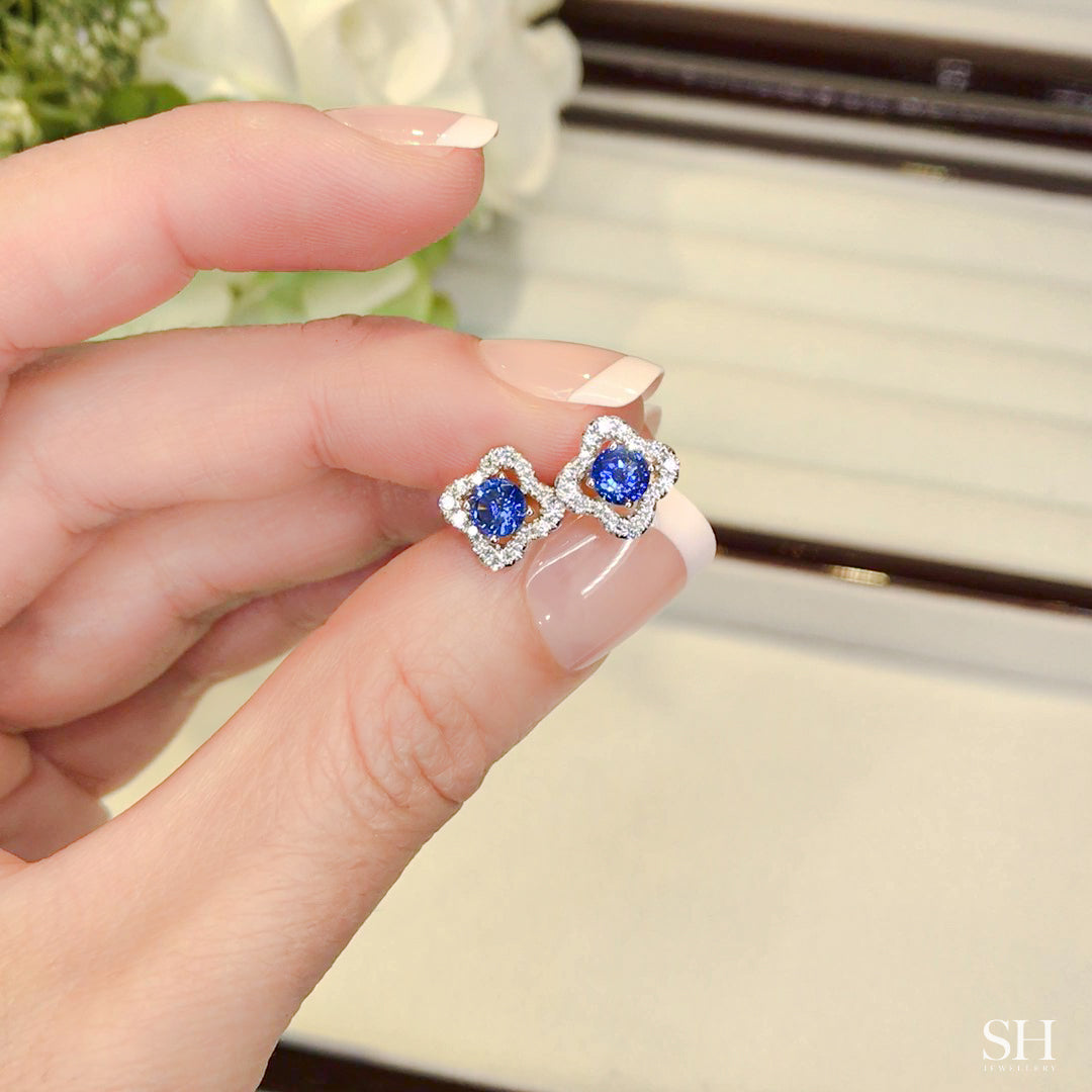 Sapphire clover shaped halo earrings - W0849