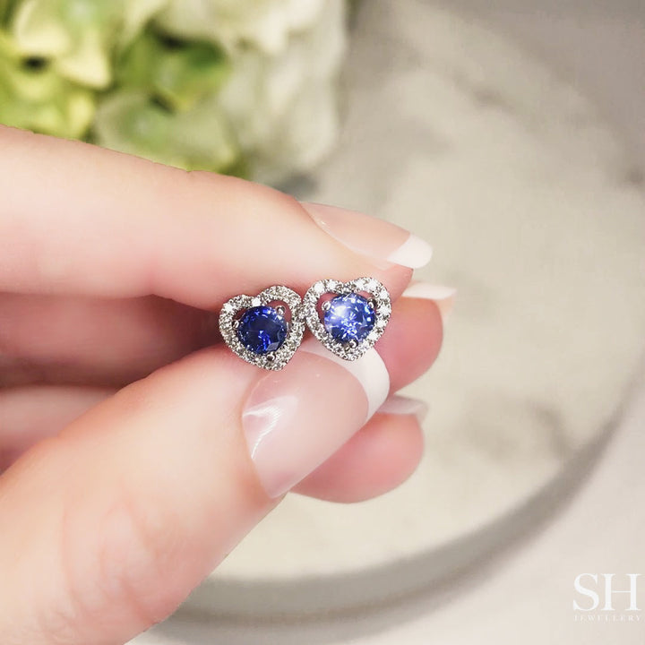 Round Sapphire Heart shaped halo earrings - W0286