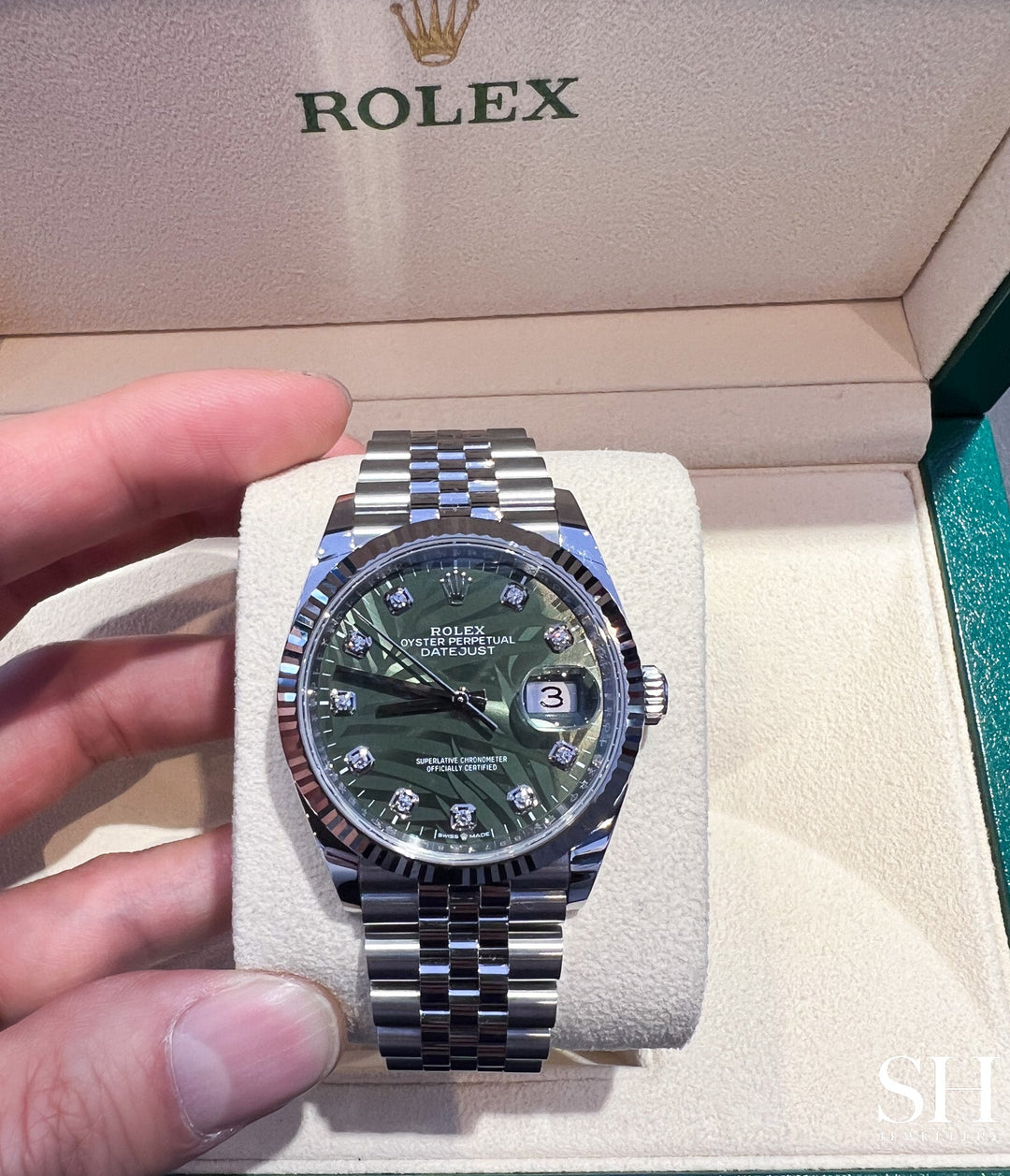 Rolex Datejust36 36mm Steel/WG Green Palm Dial Diamond Markers 2023 Ref 126234 (#18,330019)