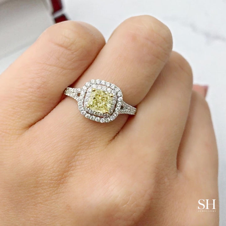 Double Halo Cushion-Cut Yellow Diamond Engagement Ring