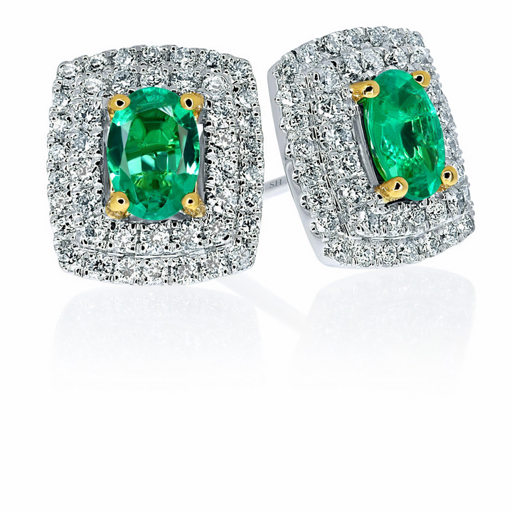 Rectangular cushion double halo diamond and emerald earrings - W0308