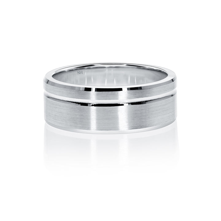 Men's Wide White Gold Satin Finish Wedding Band With Bevelled Edges & Offset Groove (8mm) - W0617