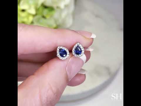 Tiny pear shaped sapphire and diamond halo studs - W0313