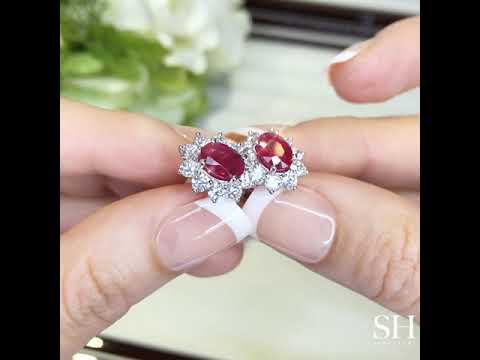 Oval Shaped Ruby with Diamond Cluster Halo Earrings - W0848