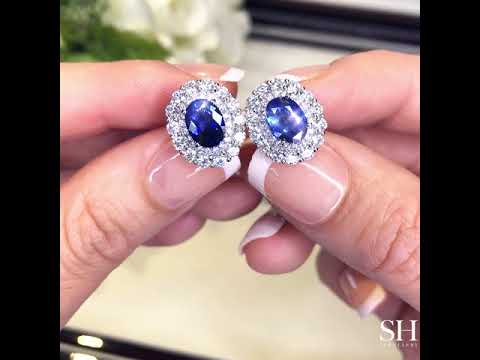 Oval Shaped Sapphire with Diamond Cluster Halo Earrings