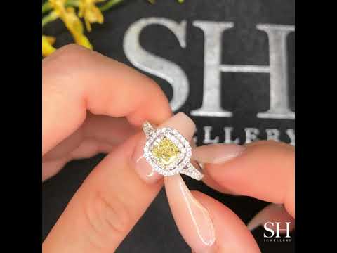 Double Halo Cushion-Cut Yellow Diamond Engagement Ring