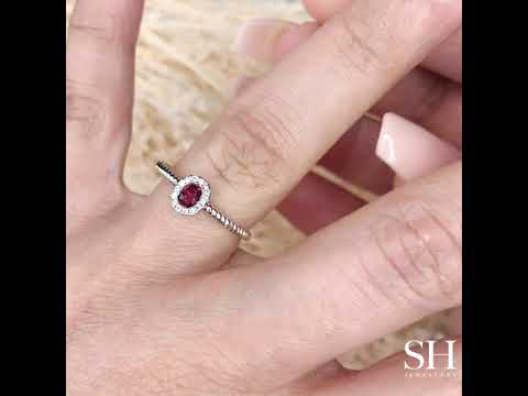 Oval Ruby Halo Ring with Rope Twist Band - W0839