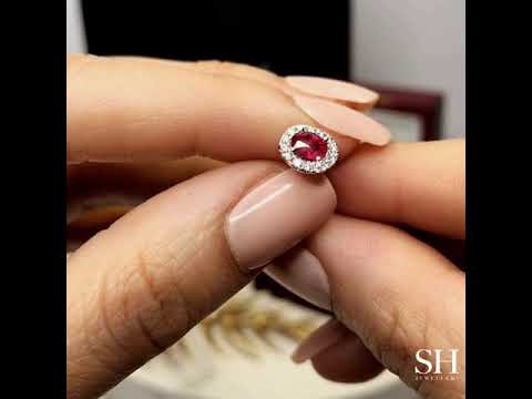 Glamorous oval ruby and diamond halo studs - W0312