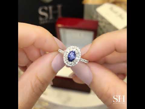 Petite oval double halo sapphire ring - W0417