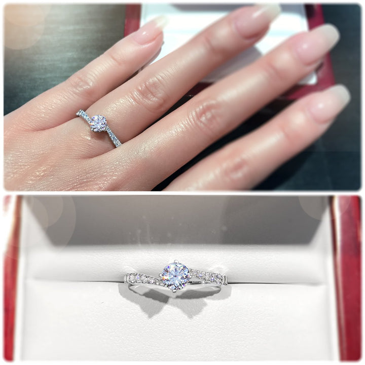 Modern 4-Claw engagement ring with offset diamond band - W0027
