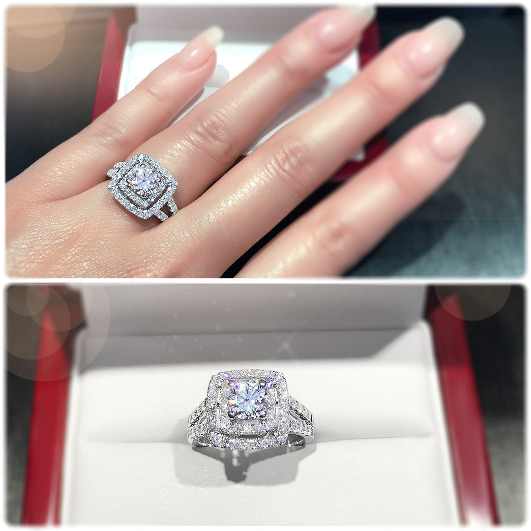 Double halo with twin pavé set diamond band - W0054