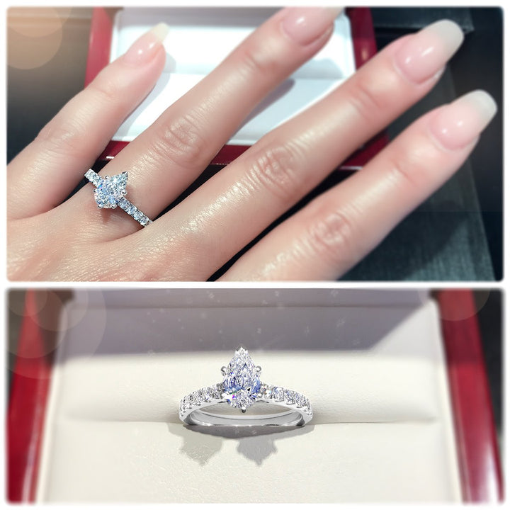 Modern 6-Claw Pear Shaped diamond engagement ring with pavé set band - W0025