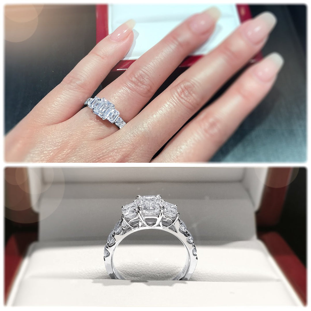 Trilogy Emerald Cut engagement ring with claw set band - W0034