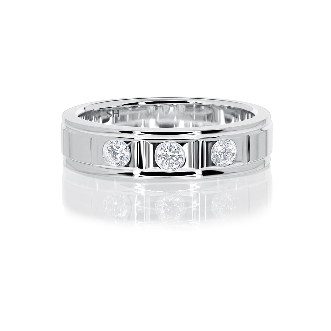 Men's polished finish three stone diamond wedding band (5.2mm) (WG) - W0276