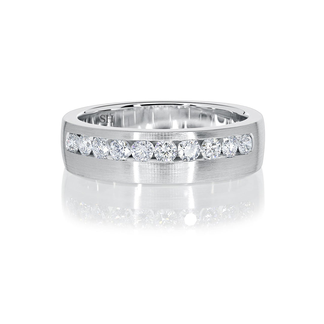 Men's satin finish wedding band with offset channel of diamonds (6.2mm) - W0278