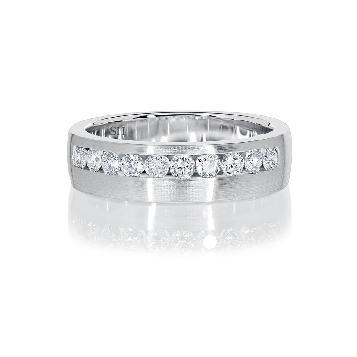 Men's satin finish wedding band with offset channel of diamonds (6.2mm) - W0278