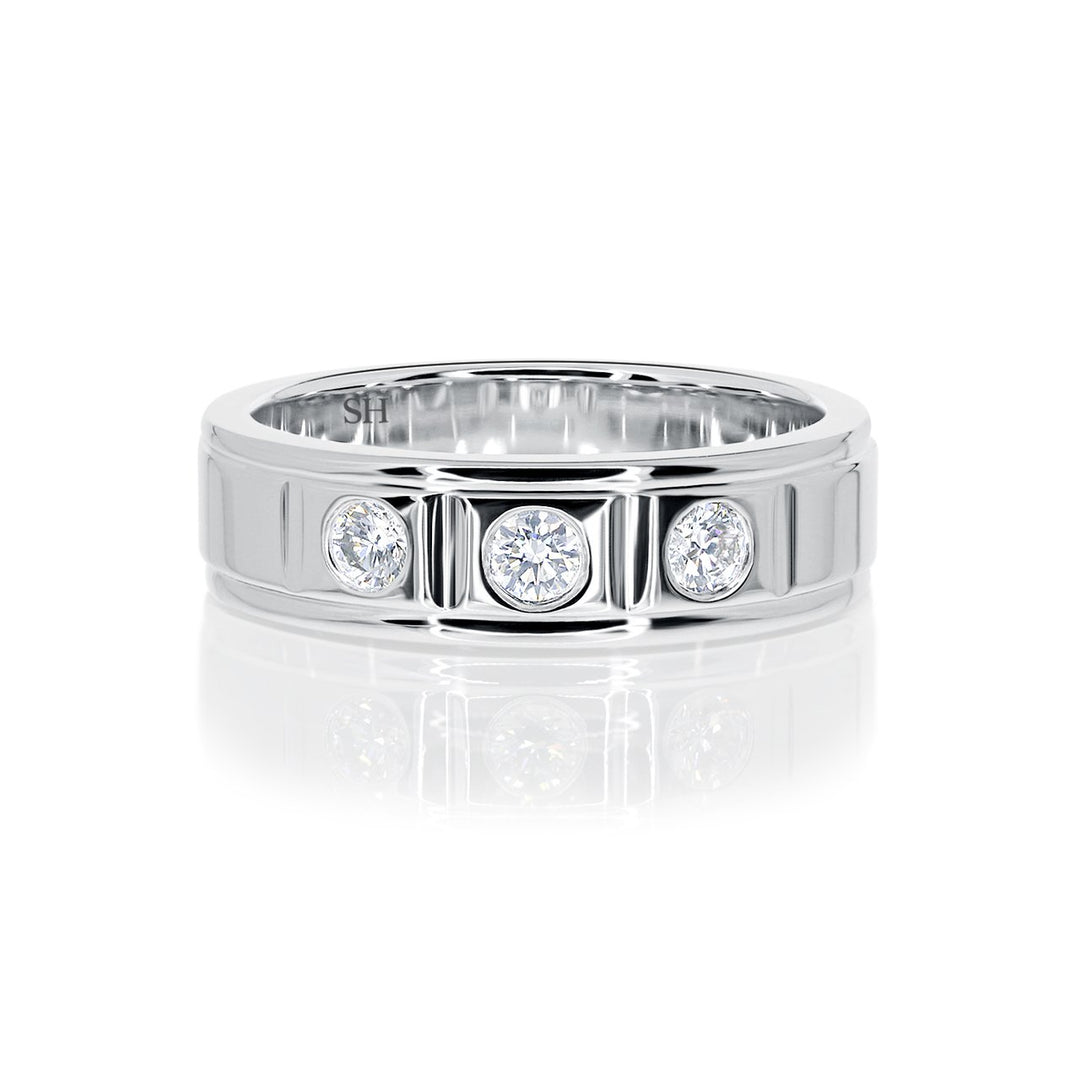 Men's polished finish three stone diamond wedding band (6.5mm) (WG) - W0279