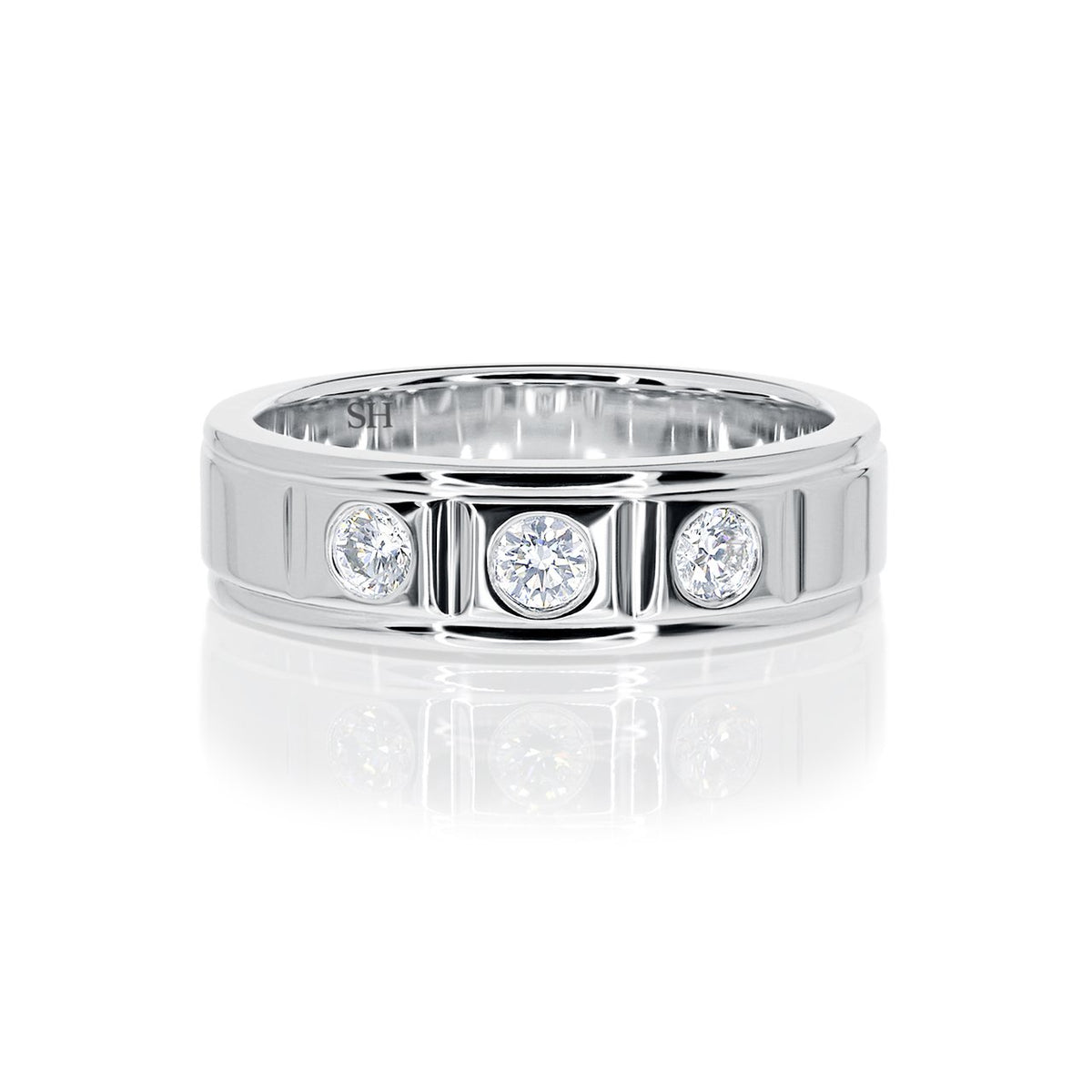 Men's polished finish three stone diamond wedding band (6.5mm) (WG) - W0279