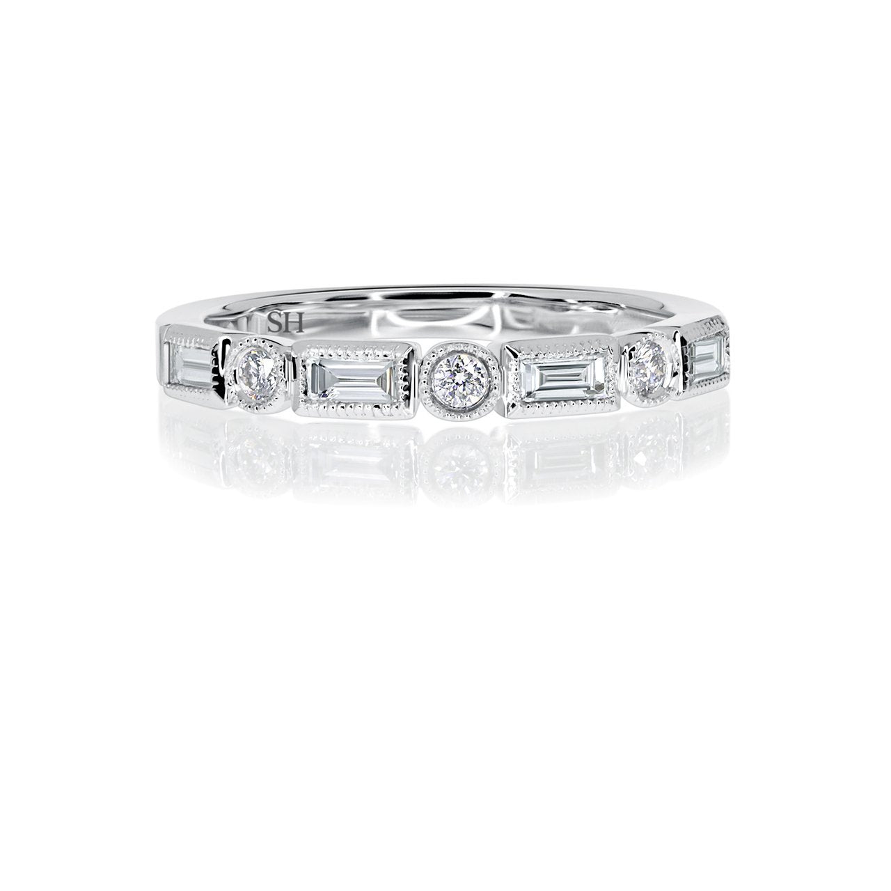 Vintage baguette and round channel set diamond band with milgrain edging (2.7mm) R14-00810A-W0273