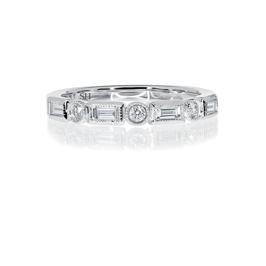 Vintage baguette and round channel set diamond band with milgrain edging (2.7mm) R14-00810A-W0273