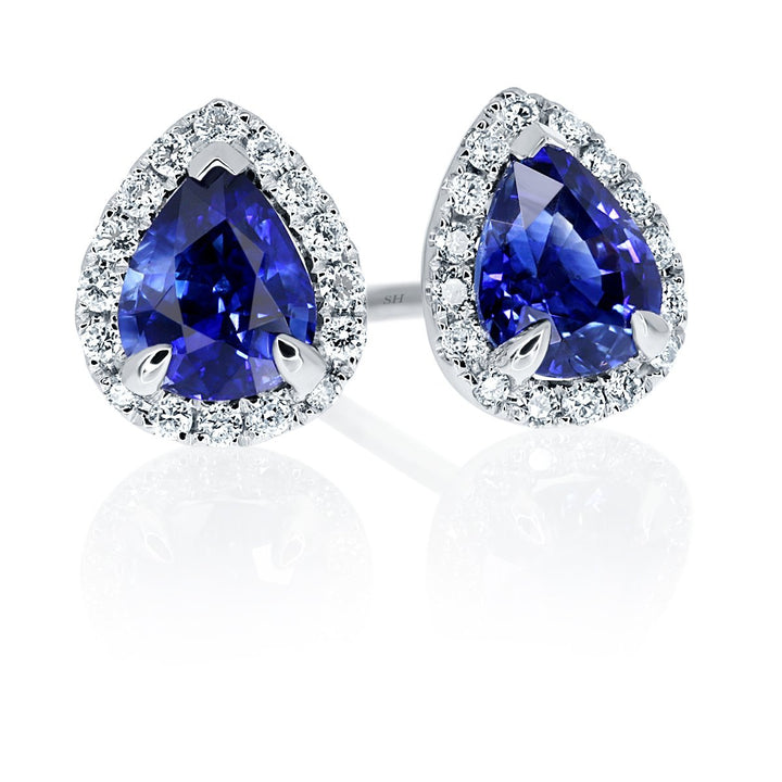 Pretty pear shaped sapphire and diamond halo studs - W0305