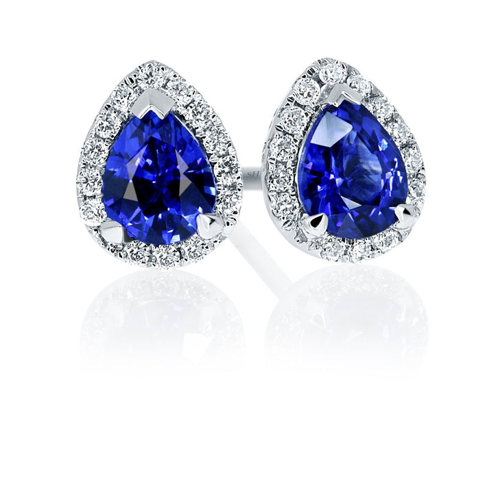 Tiny pear shaped sapphire and diamond halo studs - W0313