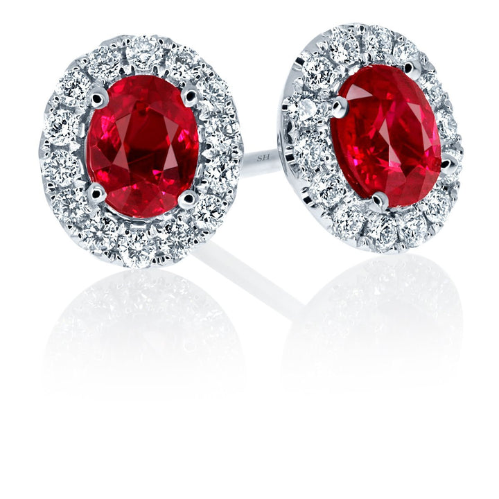 Glamorous oval ruby and diamond halo studs - W0312