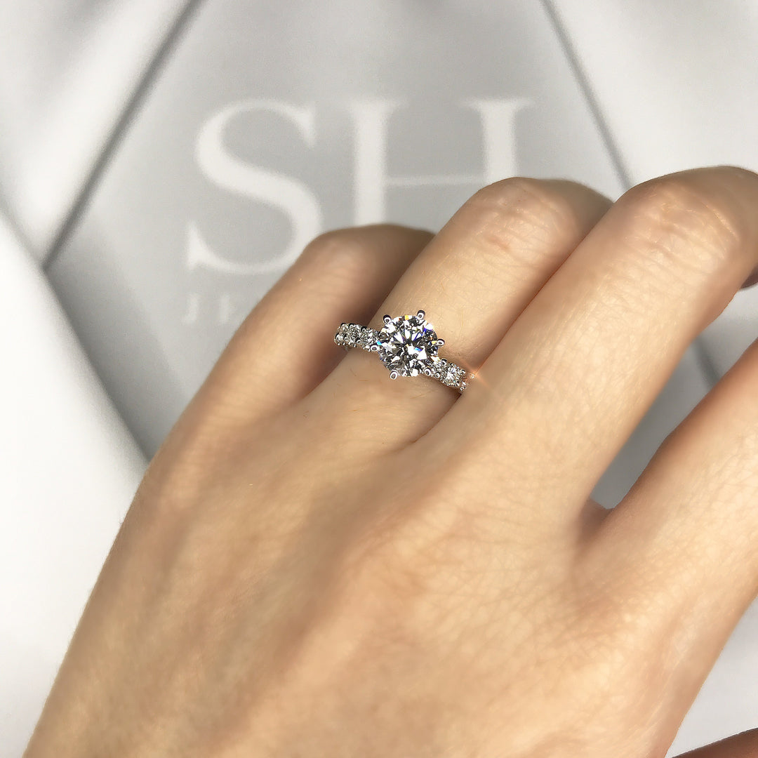 Timeless 6-Claw engagement ring with pavé set band - W0014