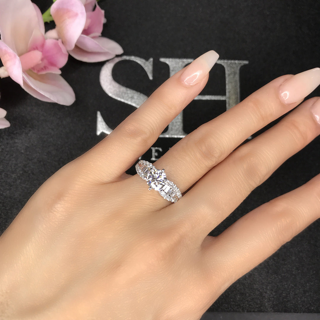 Bold 6-claw ring with channel set baguette diamond band - W0409