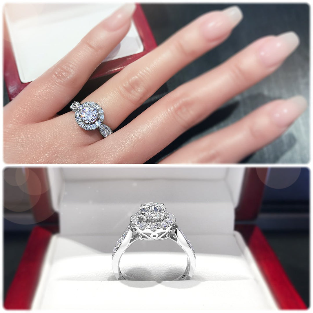 Halo style engagement ring with tapered pavé set diamond band - W0040