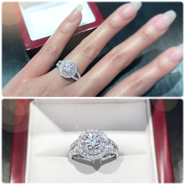 Double halo style diamond engagement ring with twin pavé set band - W0060