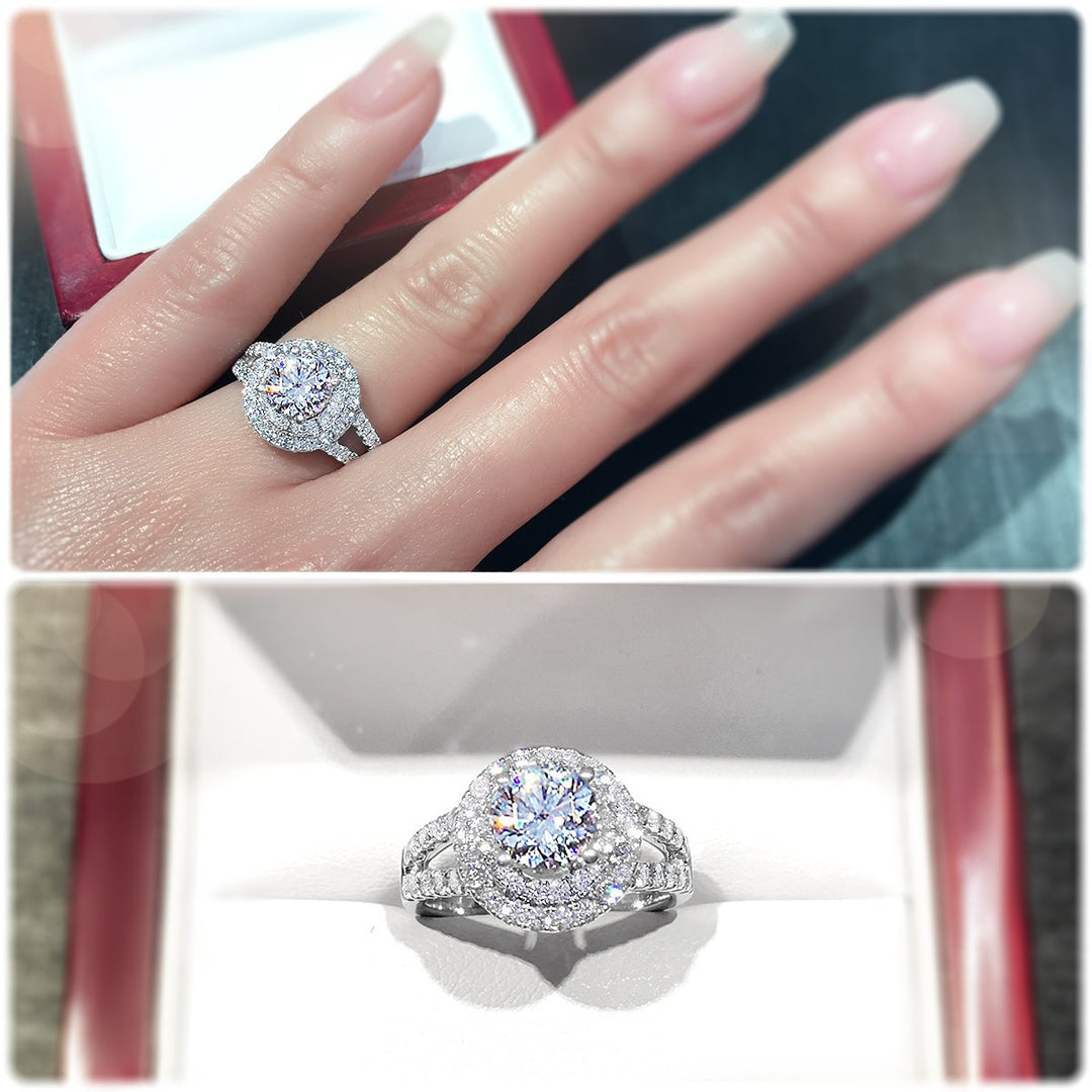 Double halo style diamond engagement ring with twin pavé set band - W0060