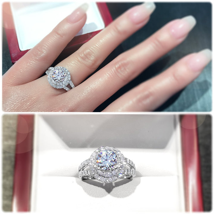 Double halo style diamond engagement ring with twin pavé set band - W0060
