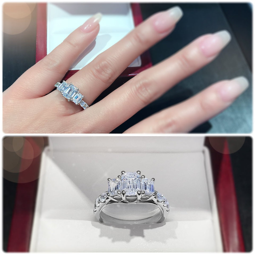 Trilogy Emerald Cut engagement ring with claw set band - W0034