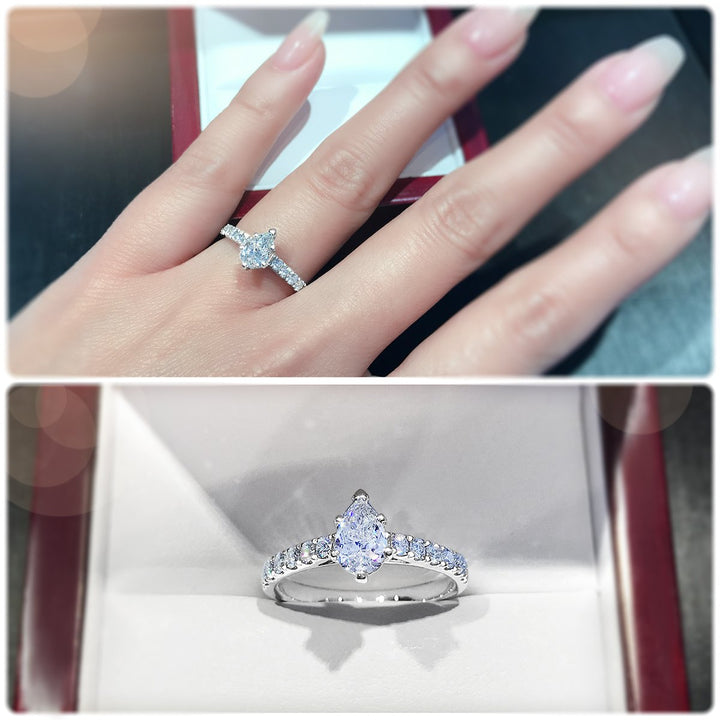 Modern 6-Claw Pear Shaped diamond engagement ring with pavé set band - W0025