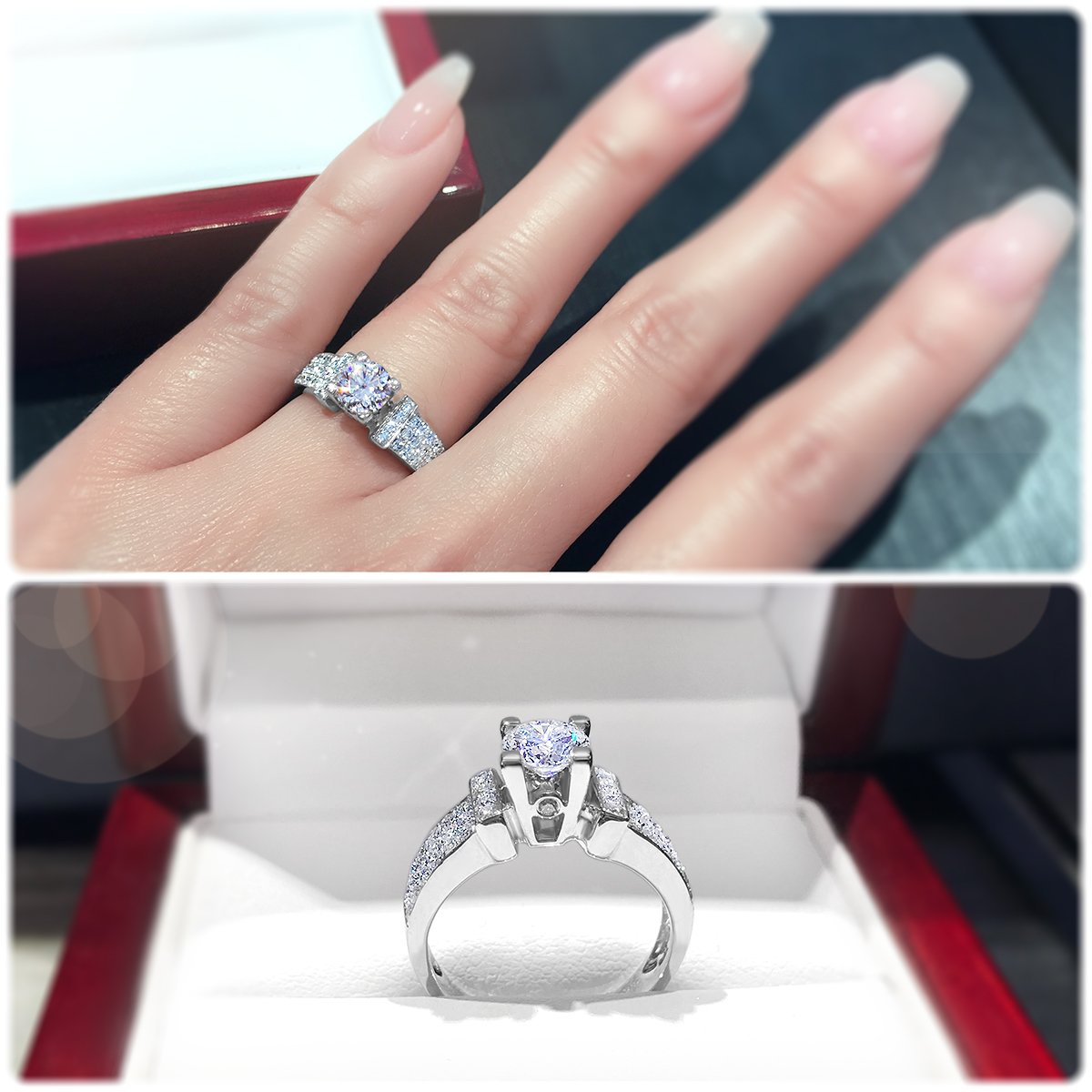Modern 4-Claw engagement ring with tapered three row pavé set diamond band - W0058