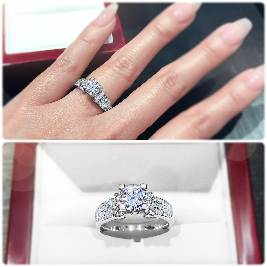 Modern 4-Claw engagement ring with tapered three row pavé set diamond band - W0058